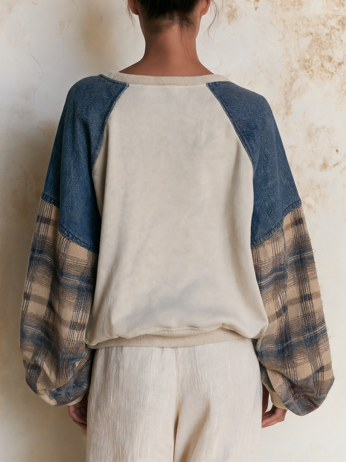 Mixed-Fabric Raglan Sleeve Patchwork Crew Neck Sweatshirt