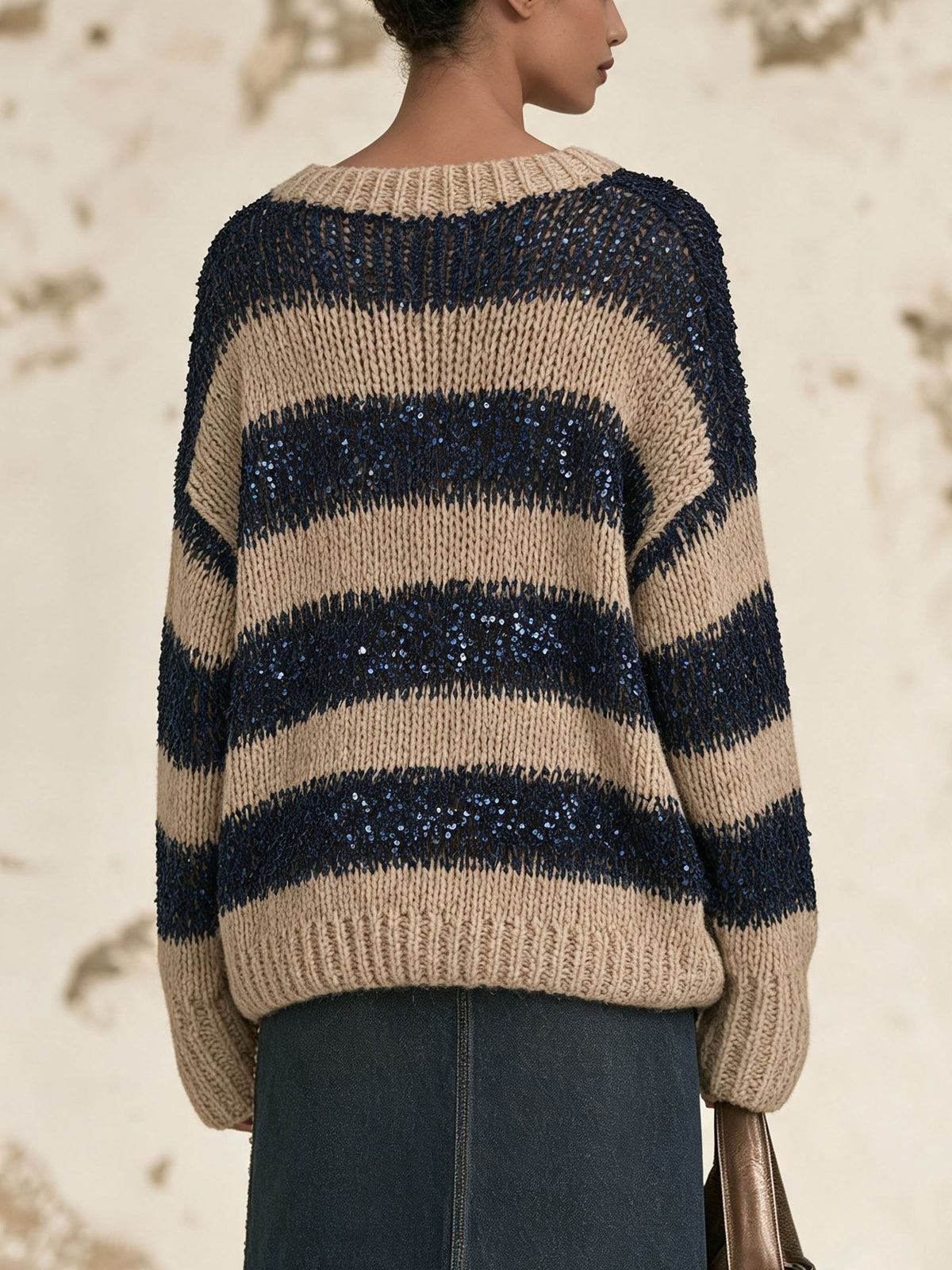 Oversized Striped Sequin Knit Sweater – Loose Long Sleeve Crew Neck Jumper