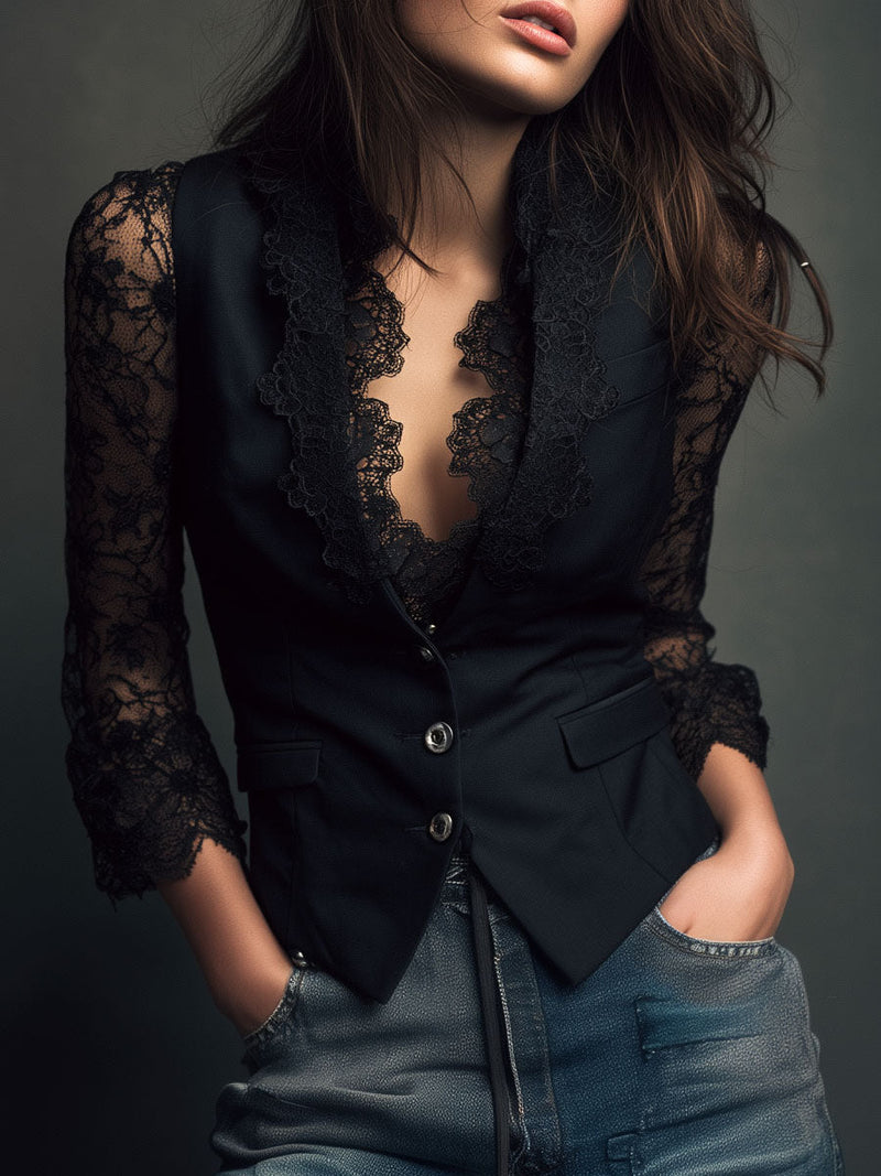 Black lace panel sleeve blazer top