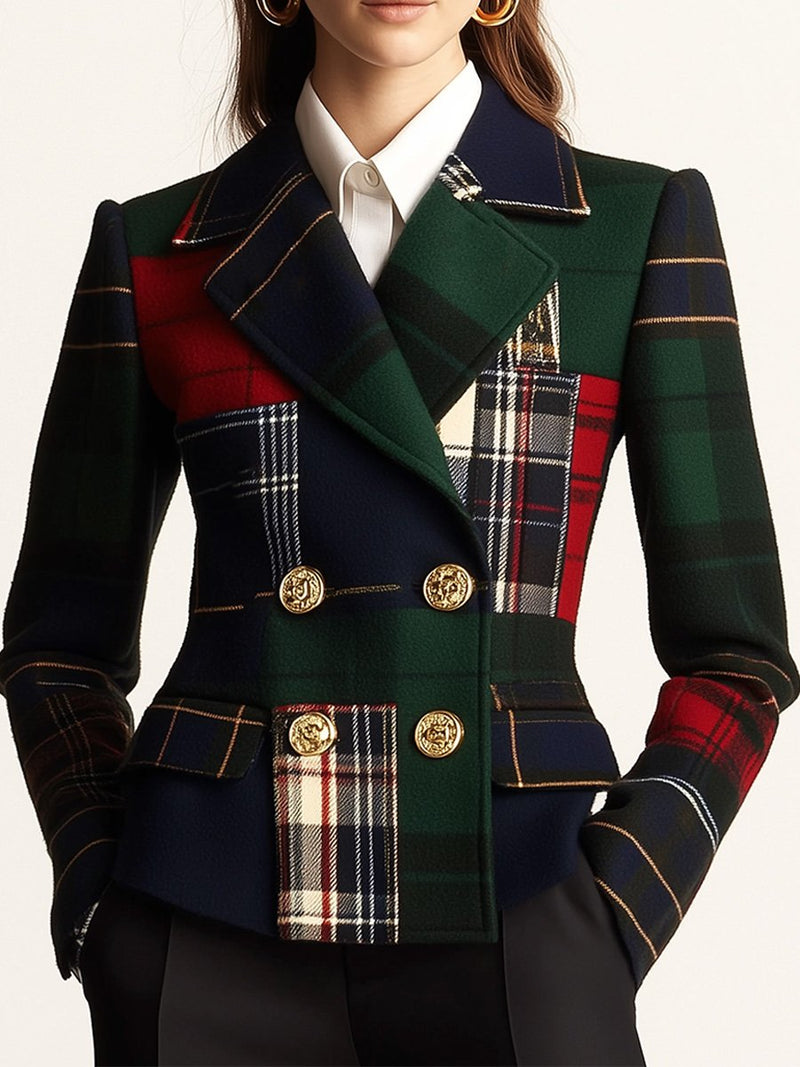 Plaid double-breasted woolen blazer