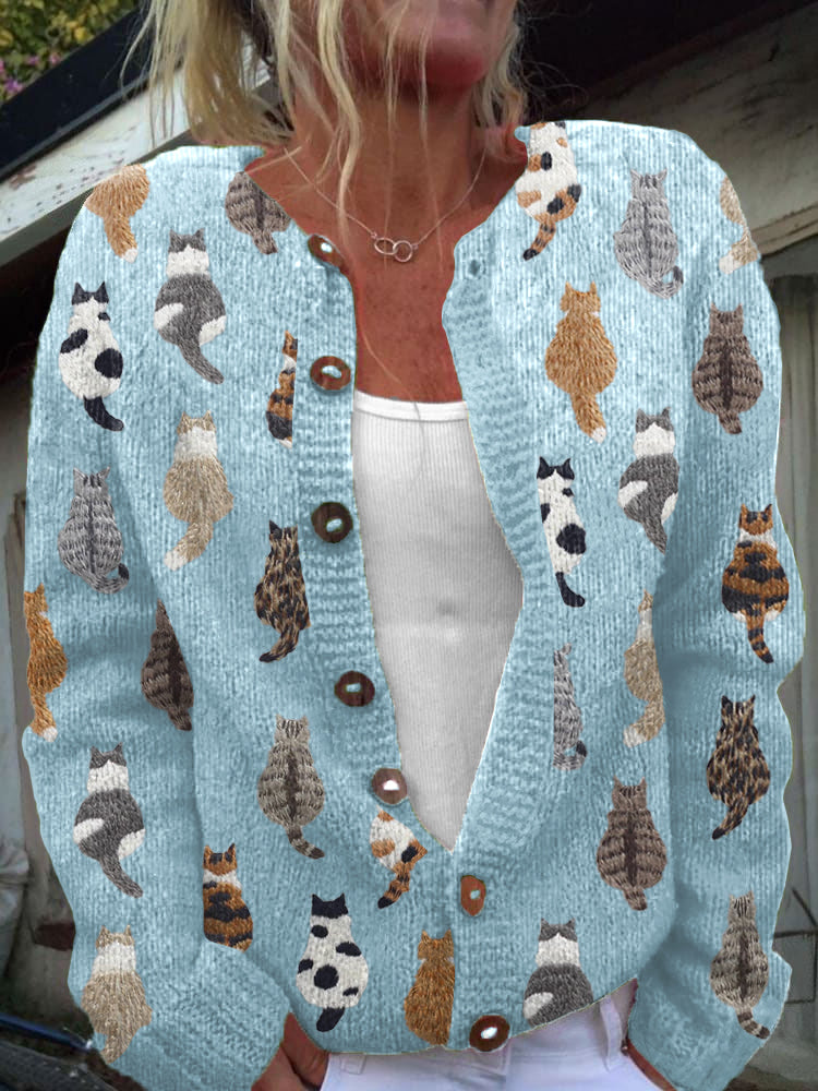 Charlotte Cozy Cat Print Cardigan Blue