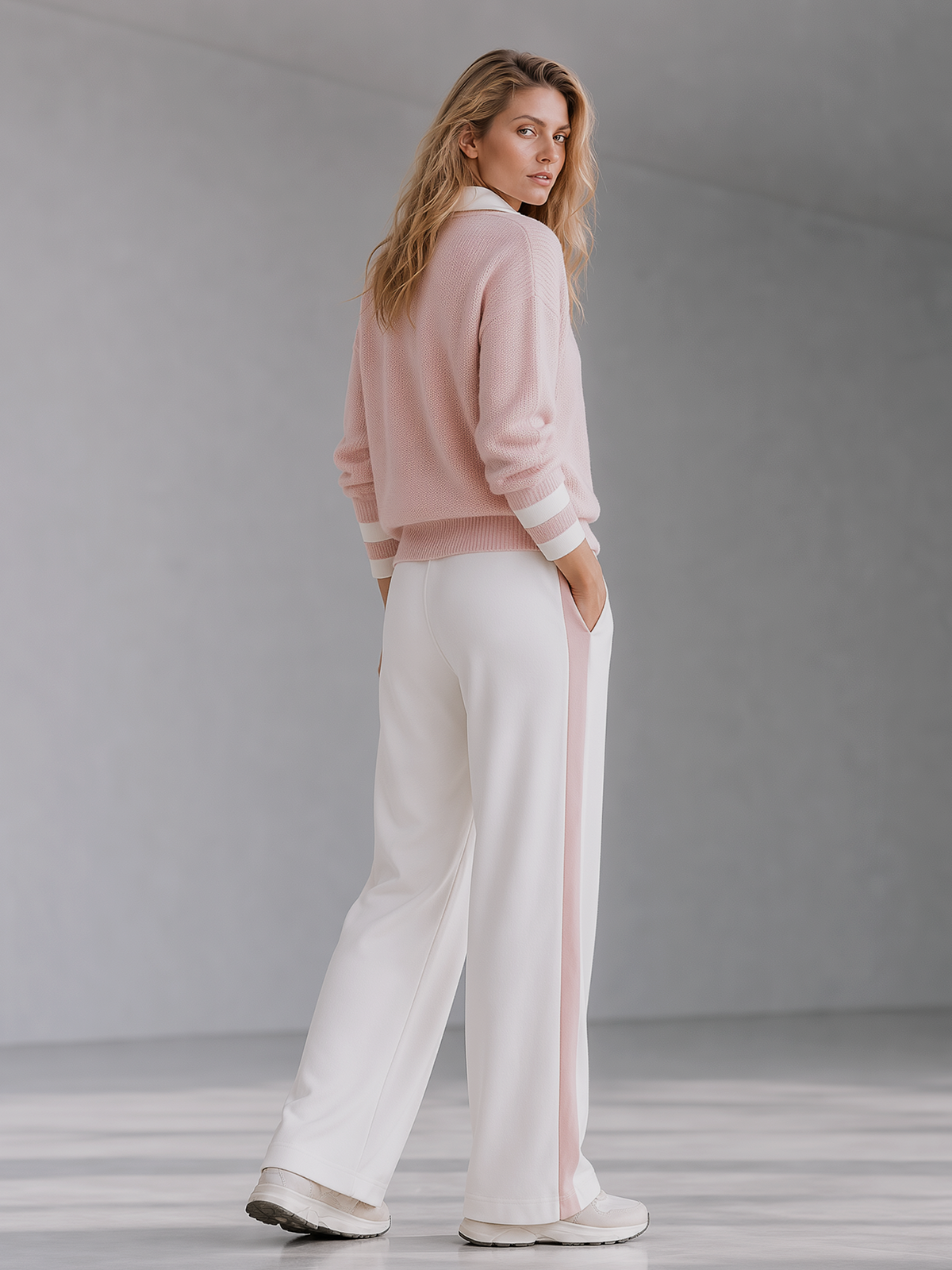 Pink color-block half-zip collared sweater
