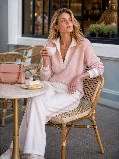 Pink color-block half-zip collared sweater