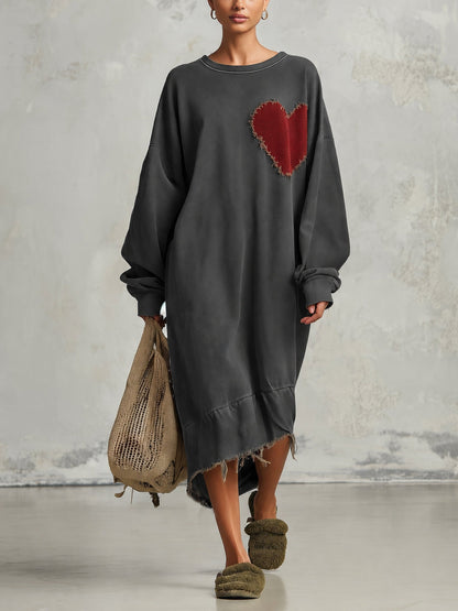 Grey oversized heart patch sweatshirt midi dress