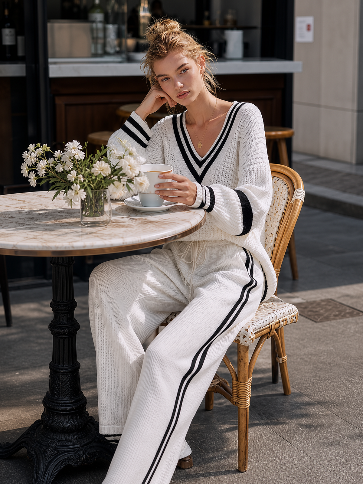 Women's Simple Black And White Color-block V-neck Knitted Casual Suit