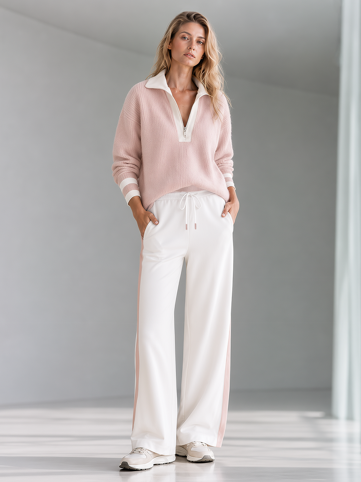 Pink color-block half-zip collared sweater