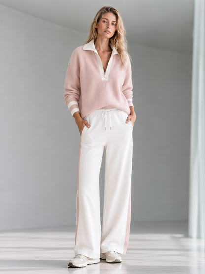 Pink color-block half-zip collared sweater