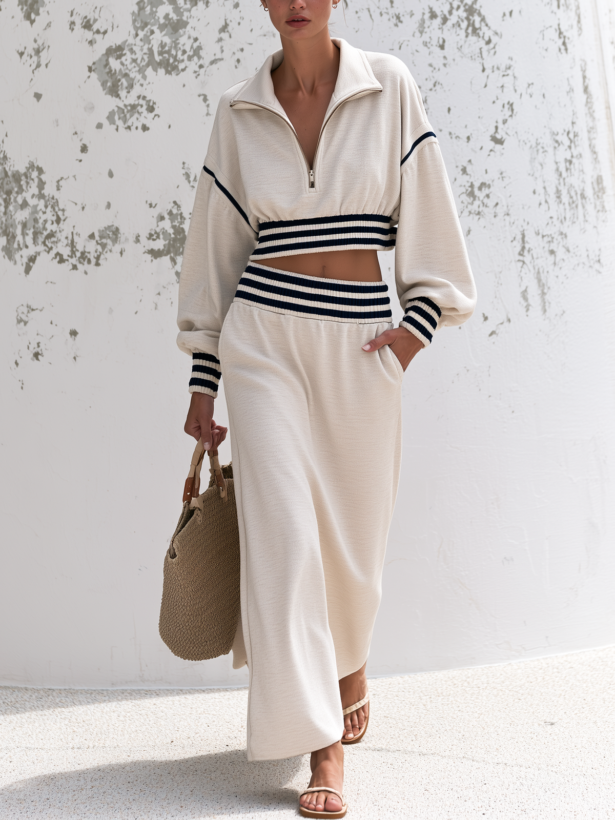 Striped trim half-zip cropped sweatshirt and midi skirt set