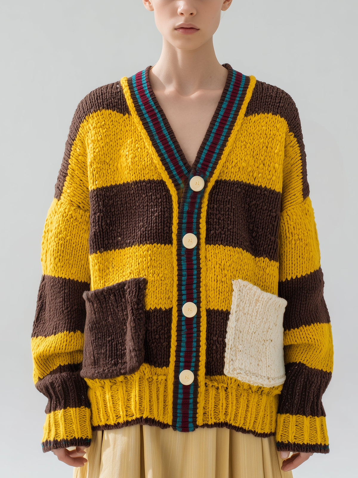 Retro striped chunky knit cardigan in mustard and brown