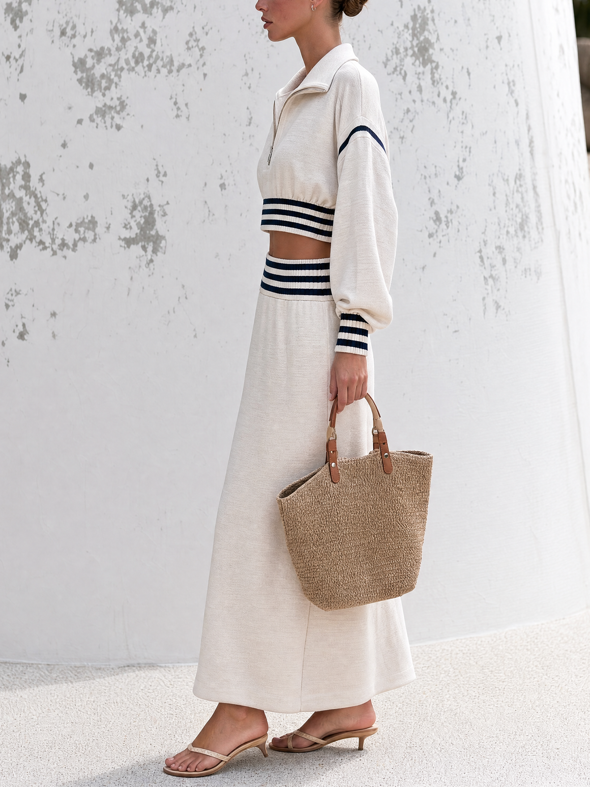 Striped Trim Half-Zip Cropped Sweatshirt & Midi Skirt Two-Piece Set