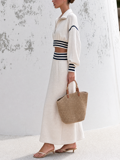 Striped Trim Half-Zip Cropped Sweatshirt & Midi Skirt Two-Piece Set