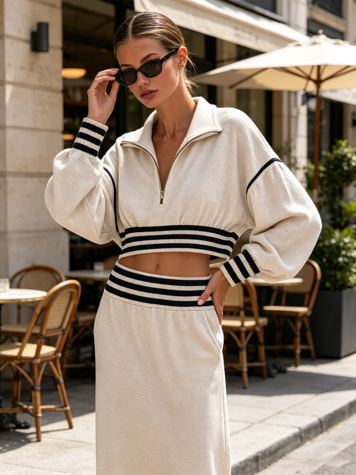 Striped Trim Half-Zip Cropped Sweatshirt & Midi Skirt Two-Piece Set