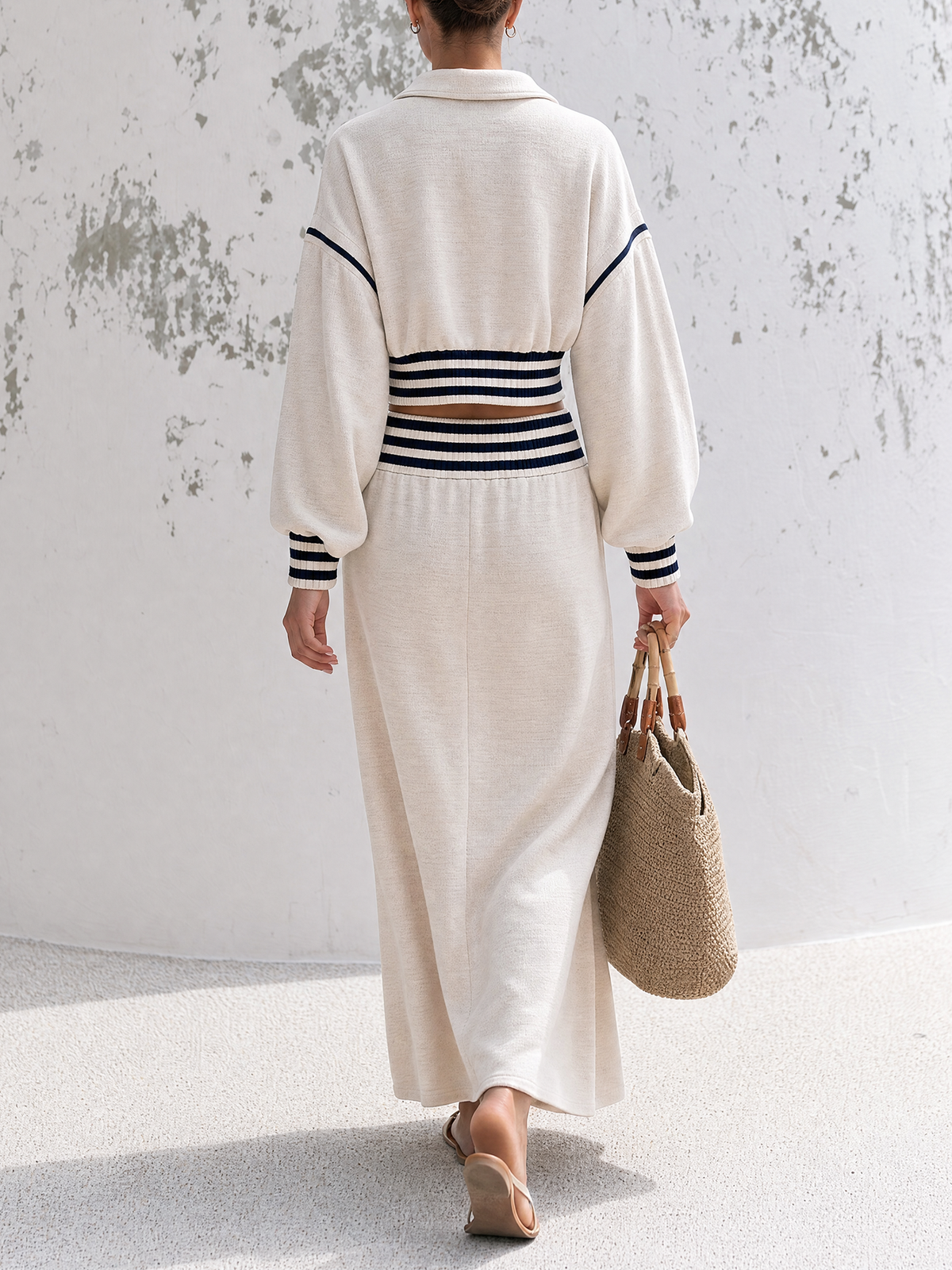 Striped Trim Half-Zip Cropped Sweatshirt & Midi Skirt Two-Piece Set
