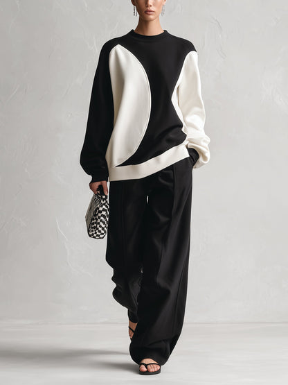 Women's abstract contrast panel sweatshirt in black and ivory