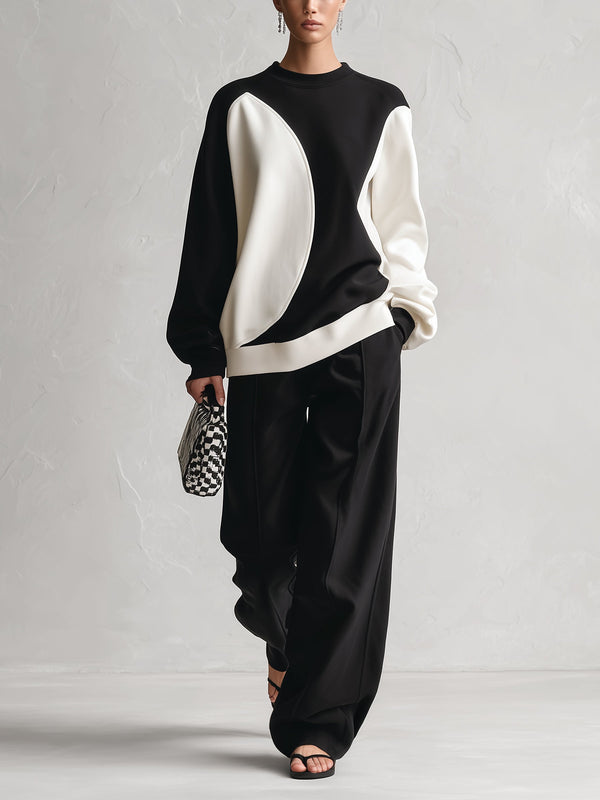 Women's abstract contrast panel sweatshirt in black and ivory