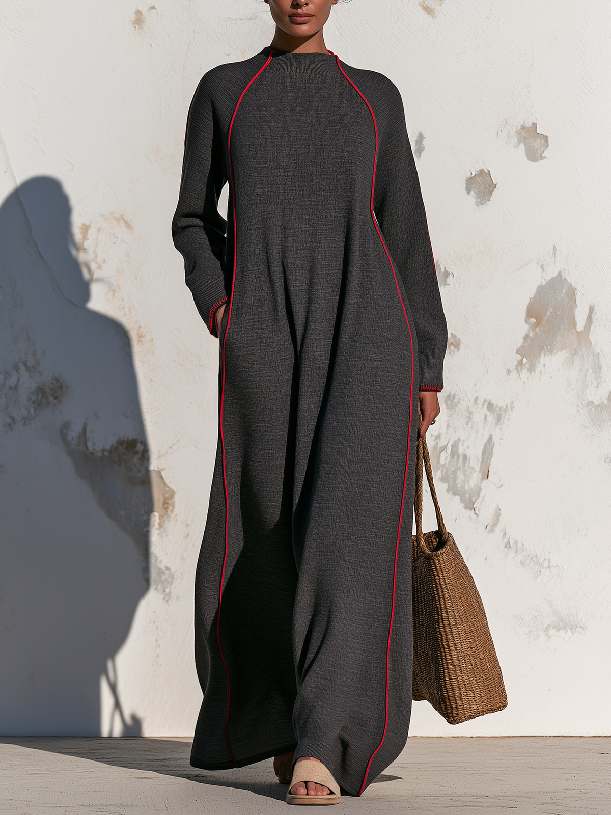 Dark grey maxi sweatshirt dress with red contrast piping