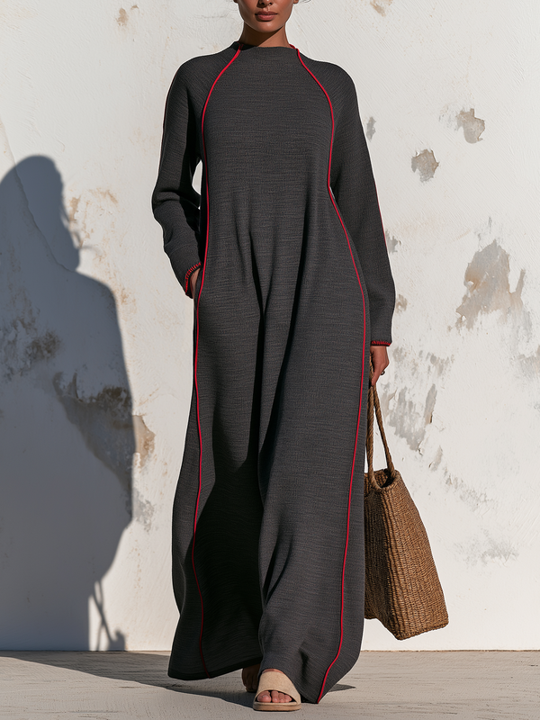 Dark grey maxi sweatshirt dress with red contrast piping