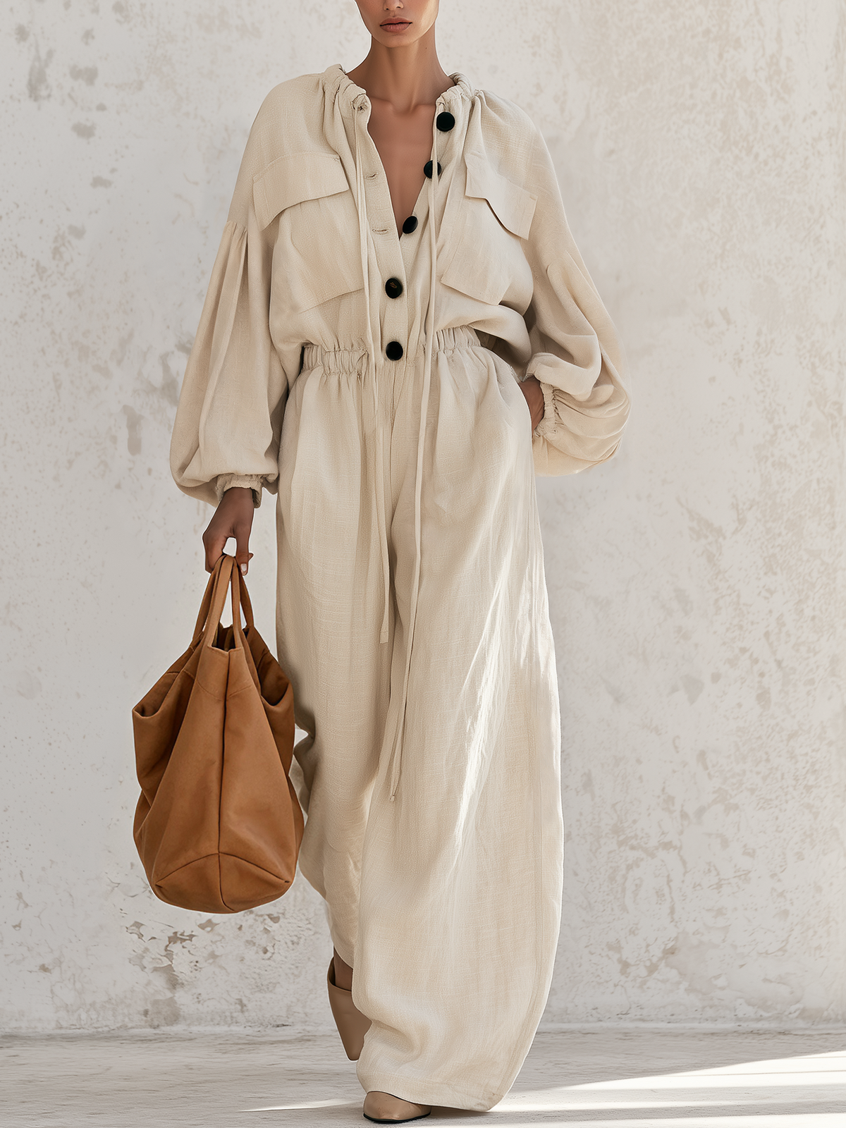Cream linen-blend drawstring collar wide-leg jumpsuit