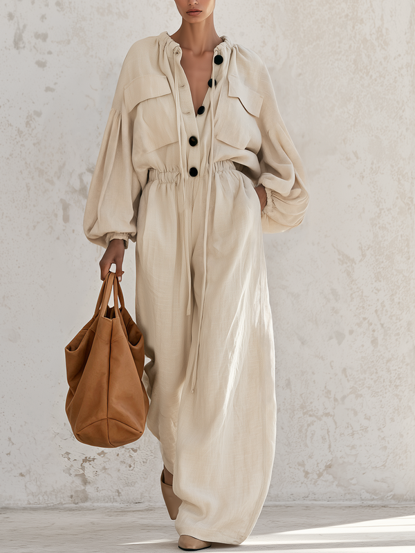 Cream linen-blend drawstring collar wide-leg jumpsuit
