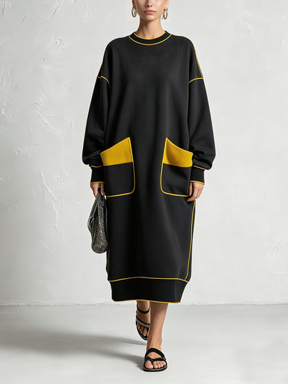 Oversized black midi dress with yellow contrast piping