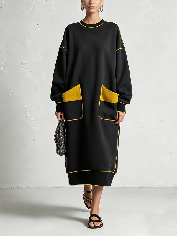 Oversized black midi dress with yellow contrast piping