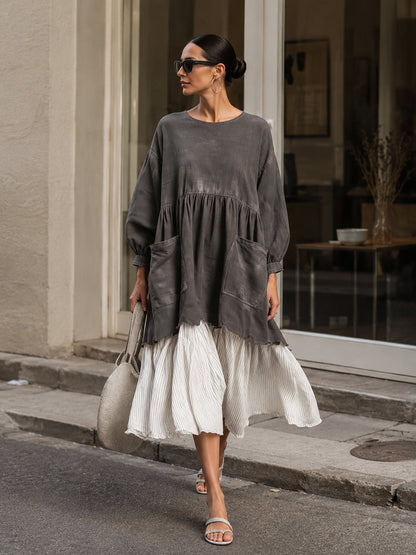Oversized Charcoal Pleated-Hem Midi Dress