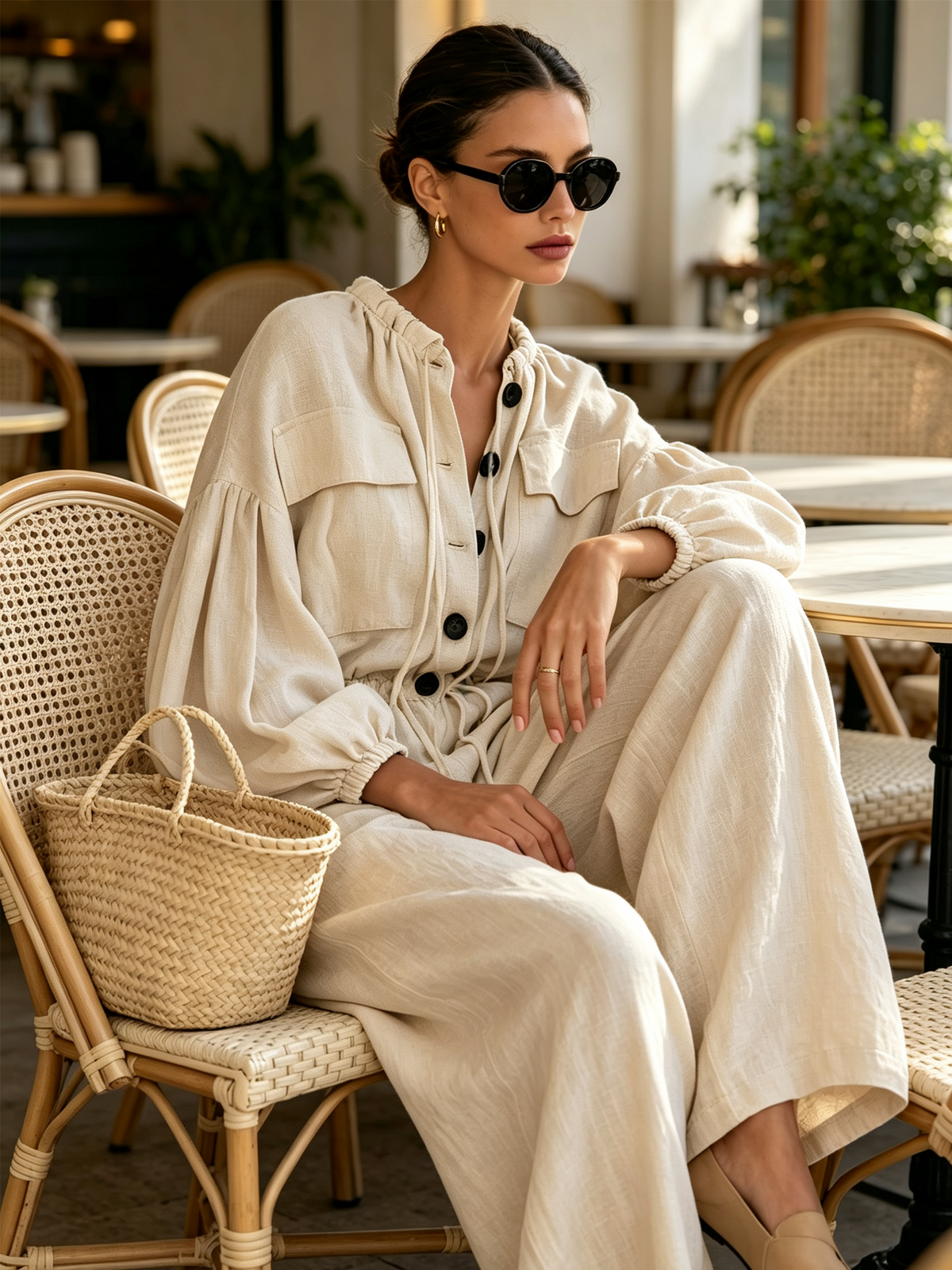 Cream Linen-Blend Drawstring Collar Wide-Leg Jumpsuit