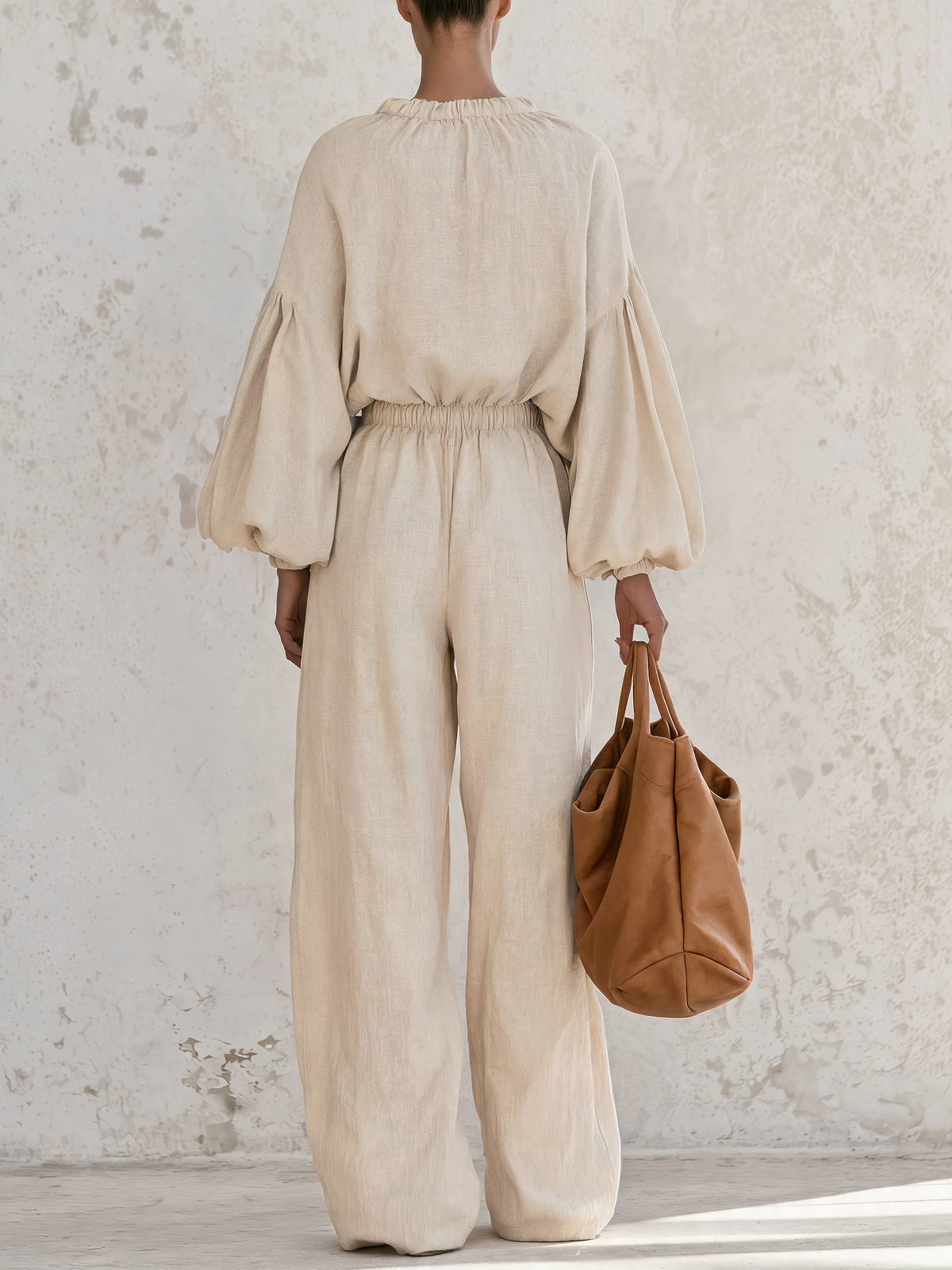 Cream Linen-Blend Drawstring Collar Wide-Leg Jumpsuit