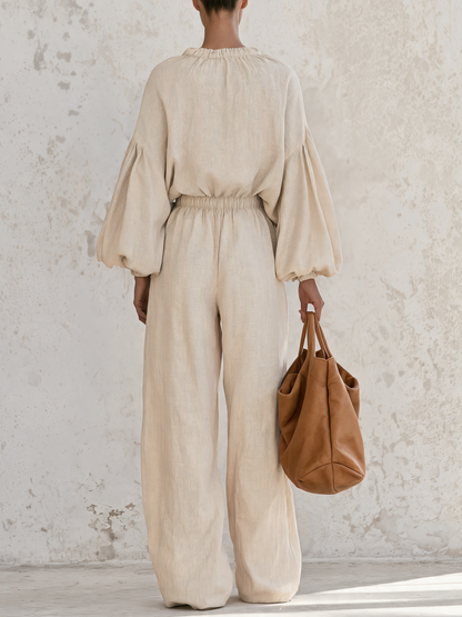 Cream Linen-Blend Drawstring Collar Wide-Leg Jumpsuit