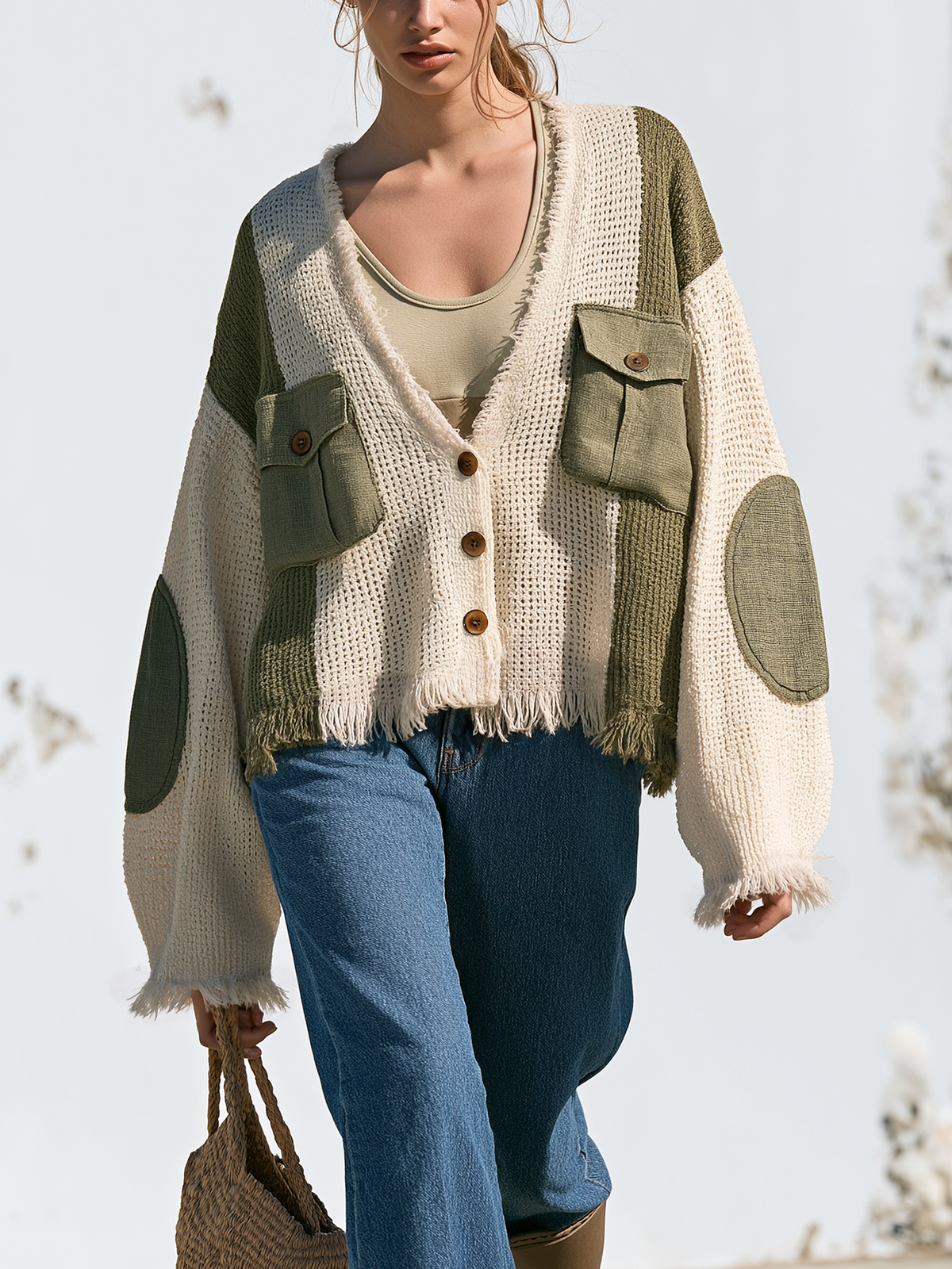 Color block fringed V-neck knit cardigan in cream and olive