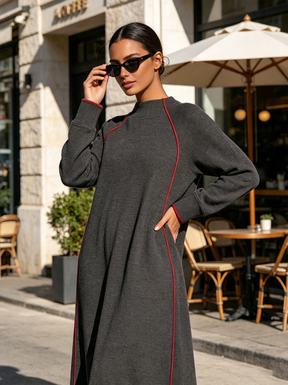 Dark Grey Contrast Red Piping Long Sleeve Maxi Sweatshirt Dress – Loose Mock Neck Kaftan With Side Pockets