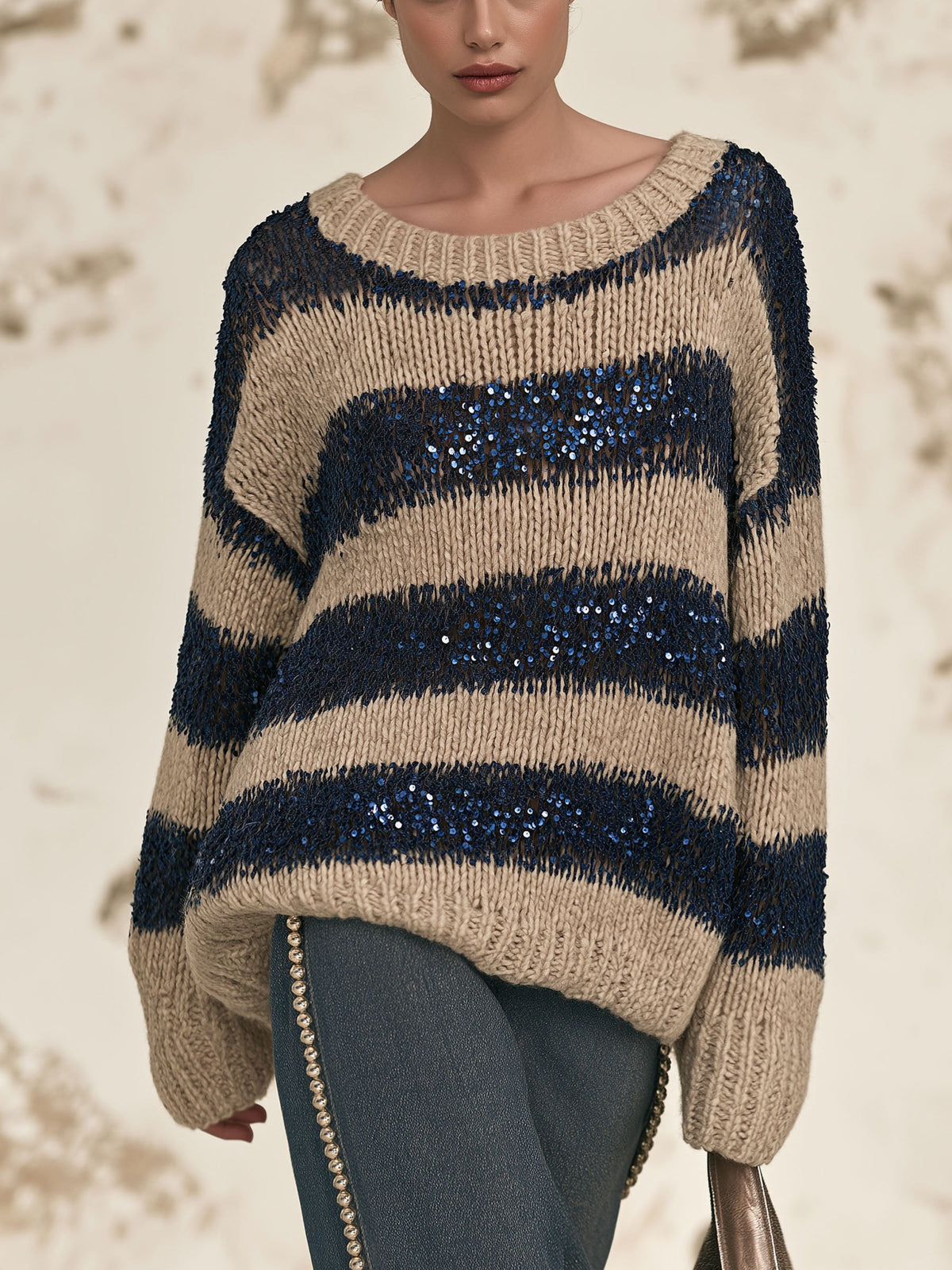 Oversized striped sequin knit sweater