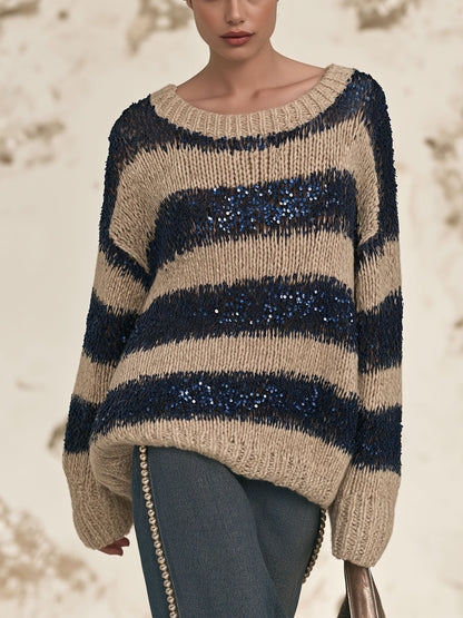 Oversized striped sequin knit sweater