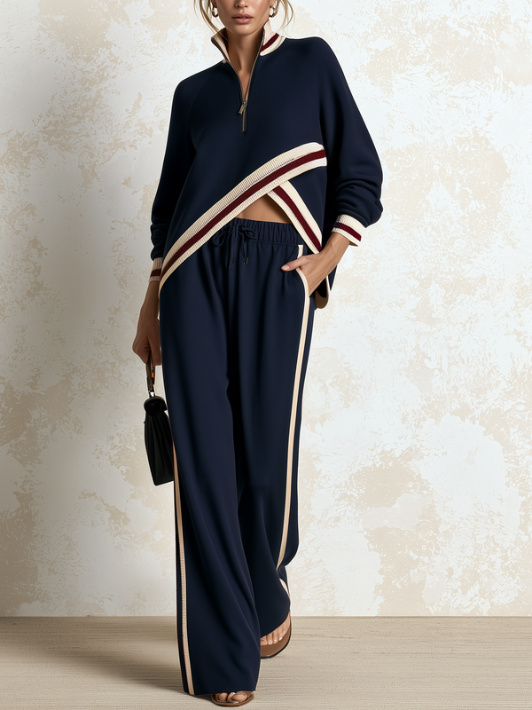 Navy contrast stripe half-zip tracksuit set