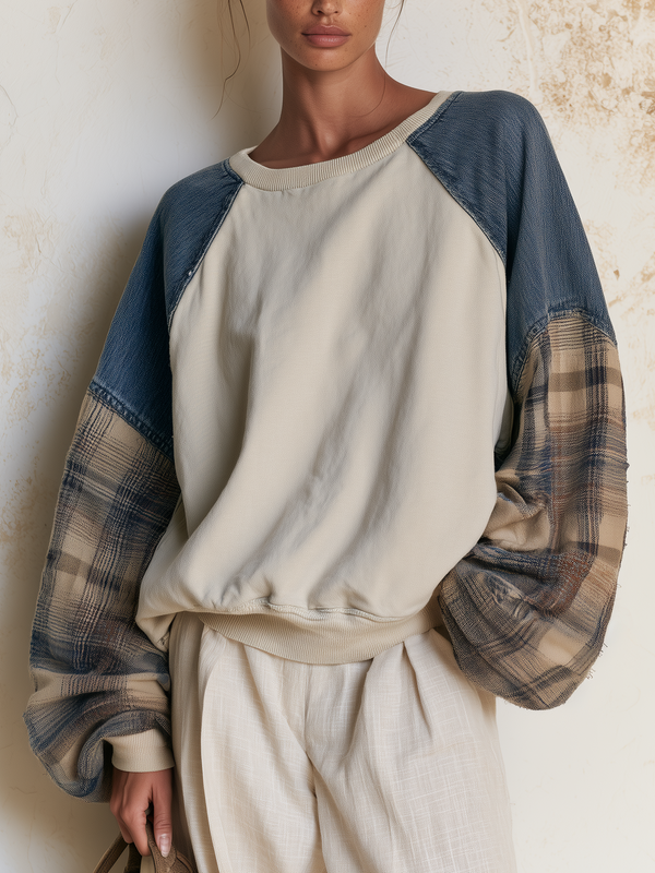 Mixed-fabric raglan sleeve patchwork crew neck sweatshirt