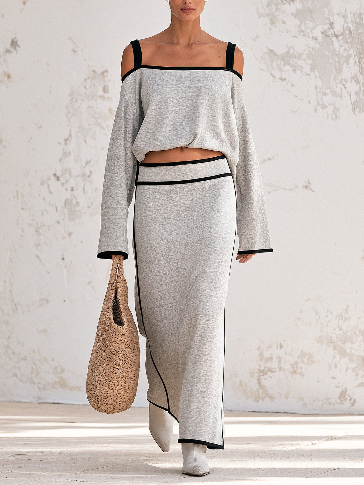 Heather grey off-shoulder sweatshirt and midi skirt two-piece set