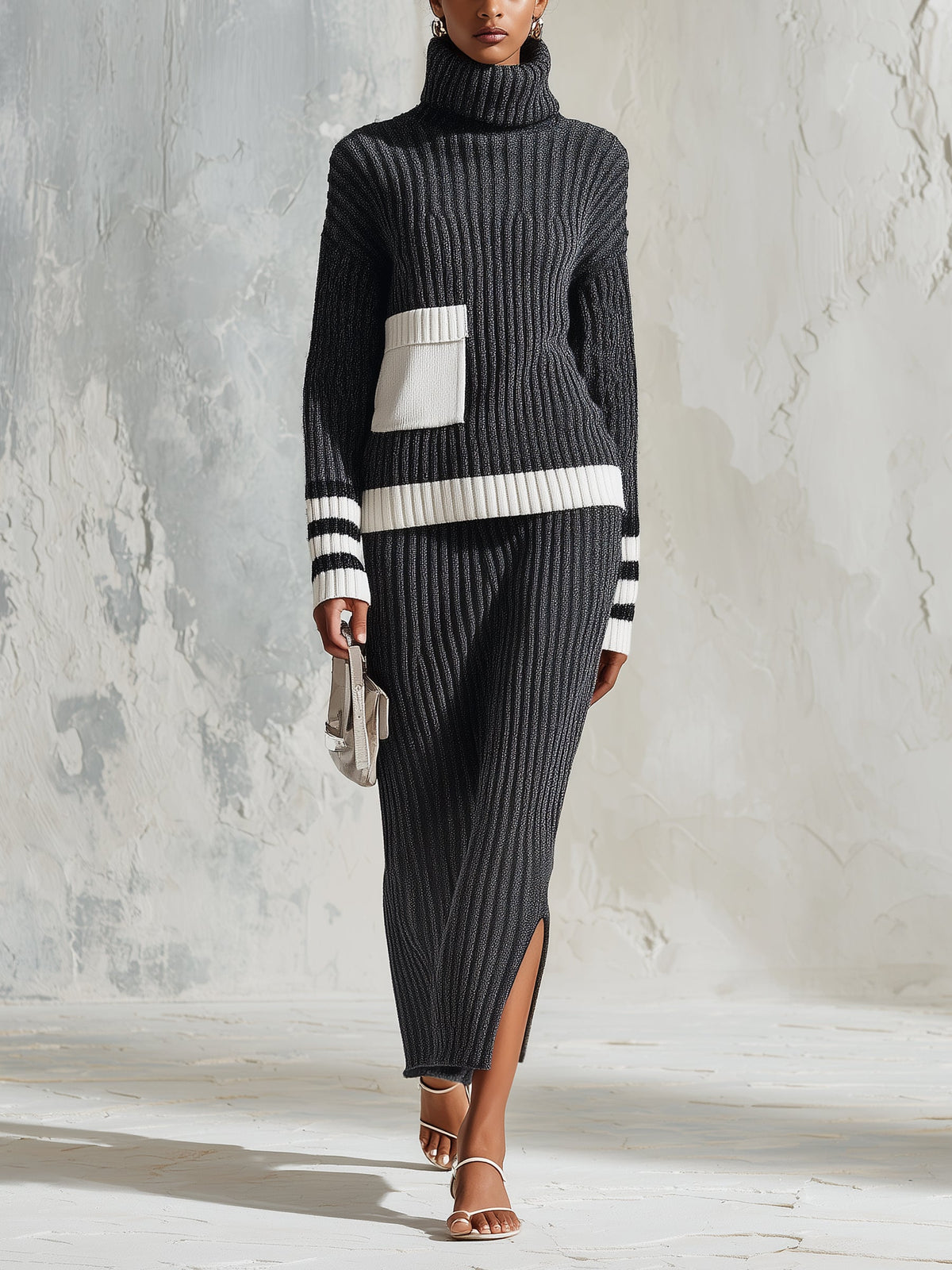 Black and cream ribbed knit two-piece set