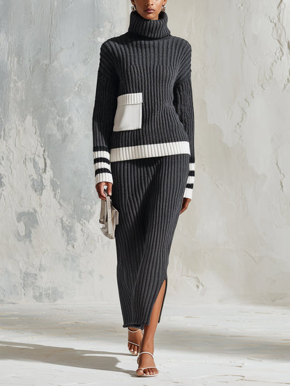 Black and cream ribbed knit two-piece set