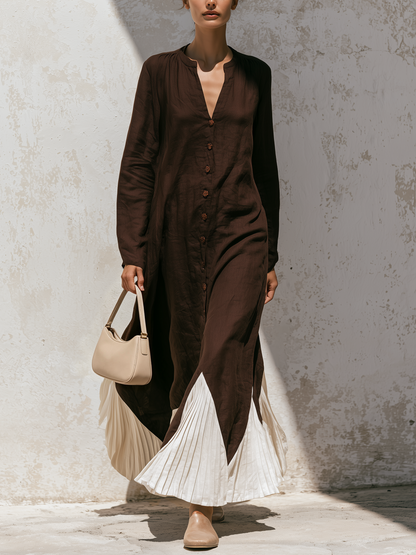 Dark brown linen-blend maxi dress with pleated contrast hem