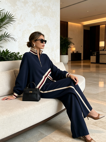 Navy Contrast Stripe Half-Zip Air Layer Two-Piece Tracksuit Set