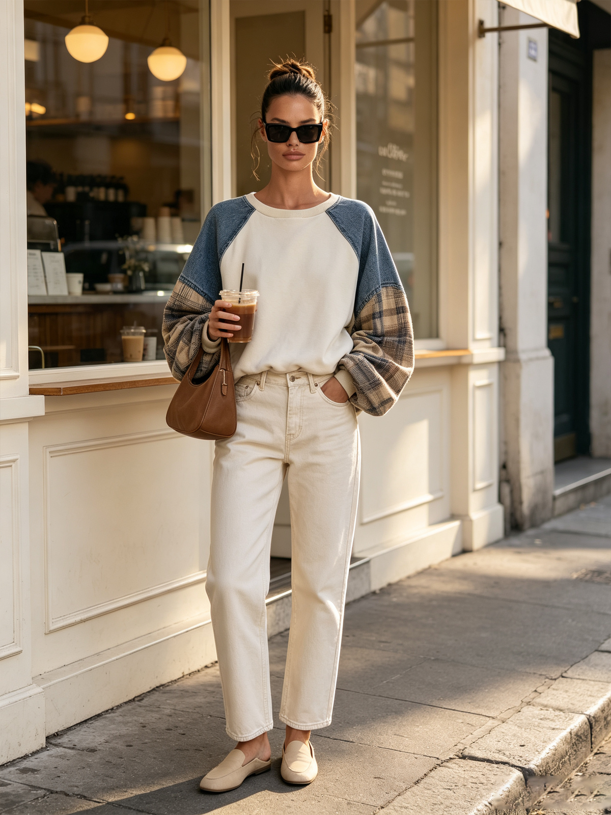 Mixed-Fabric Raglan Sleeve Patchwork Crew Neck Sweatshirt