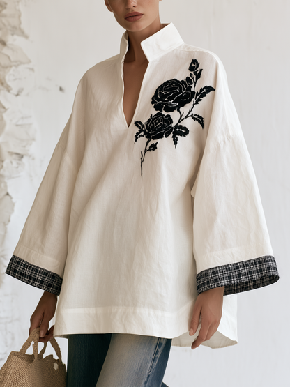White stand collar tunic blouse with black rose embroidery