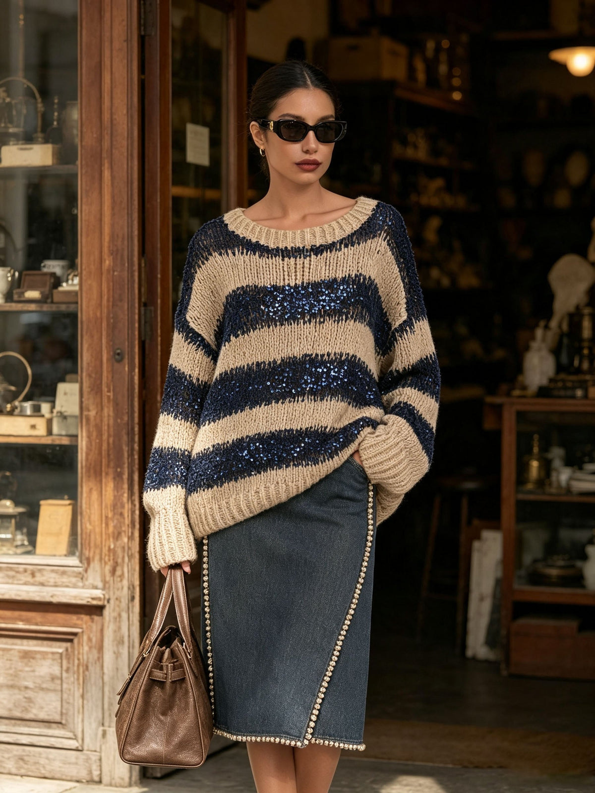 Oversized Striped Sequin Knit Sweater – Loose Long Sleeve Crew Neck Jumper