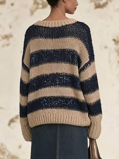 Oversized Striped Sequin Knit Sweater – Loose Long Sleeve Crew Neck Jumper