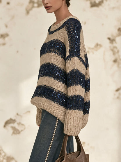 Oversized Striped Sequin Knit Sweater – Loose Long Sleeve Crew Neck Jumper