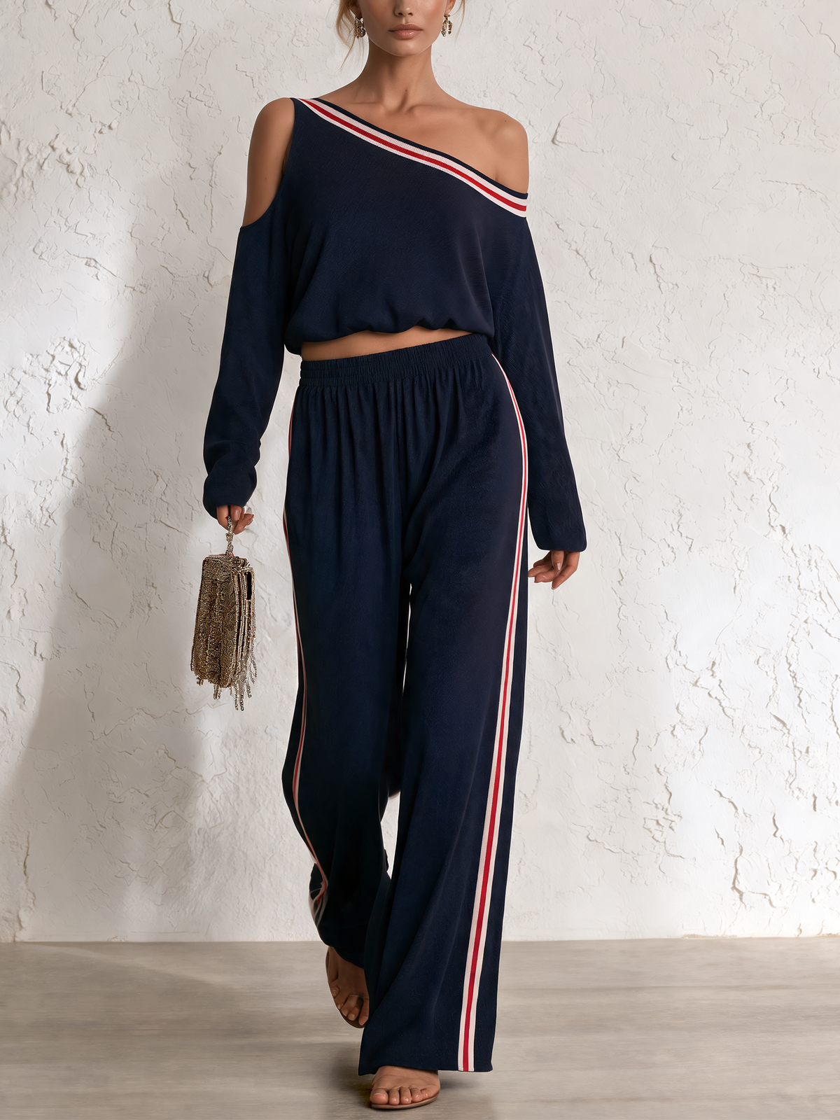 Navy off-shoulder contrast stripe knit two-piece wide-leg set