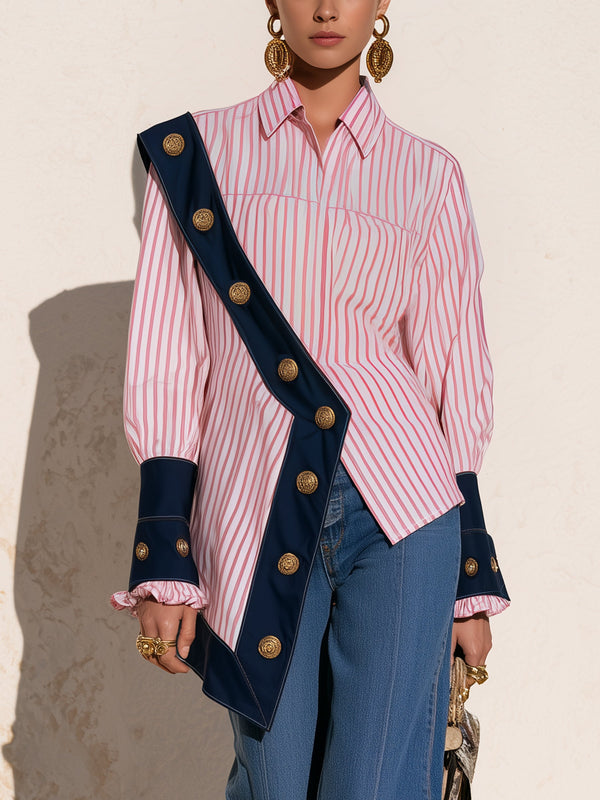 Pink contrast stripe button-up blouse