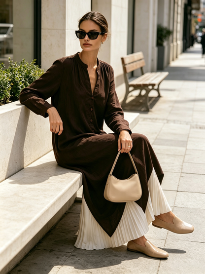 Dark Brown Linen-Blend Pleated Contrast Hem Button-Front Maxi Dress