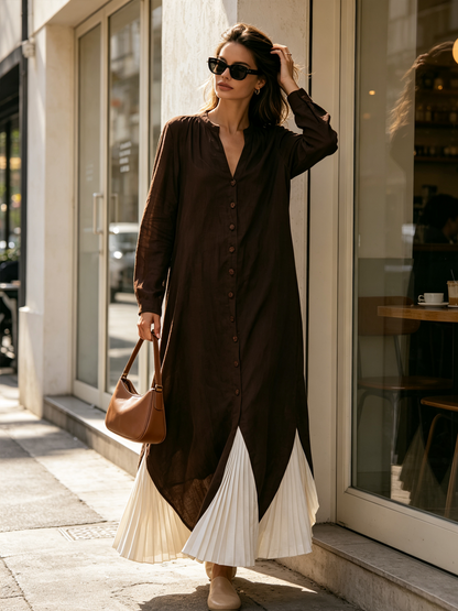 Dark Brown Linen-Blend Pleated Contrast Hem Button-Front Maxi Dress