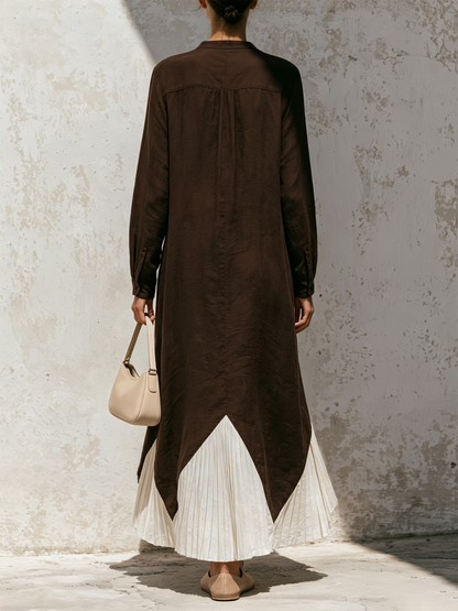 Dark Brown Linen-Blend Pleated Contrast Hem Button-Front Maxi Dress